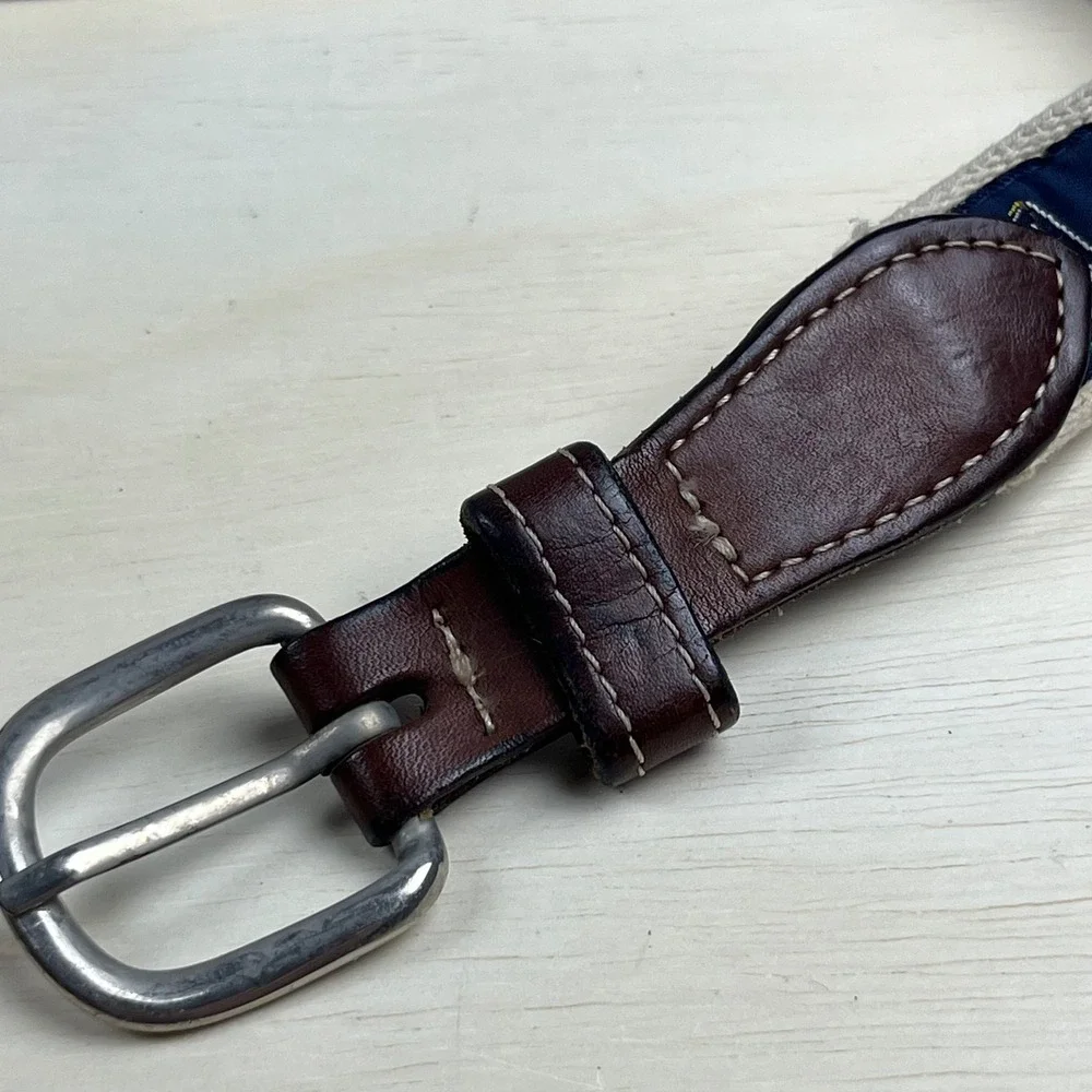 Nautical Sailboat Canvas Leather Belt Navy Solid Brass Buckle Size 34 preppy